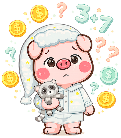 Confused child with floating numbers and coins