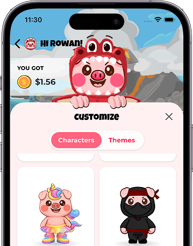 Kids customization screen from Piggy Bank for Kids app