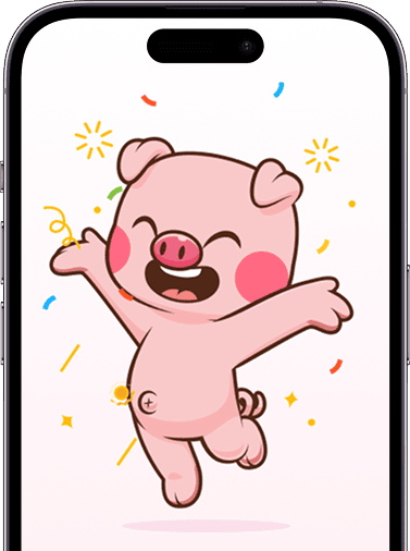 Kids celebrating savings goal screen from Piggy Bank for Kids app